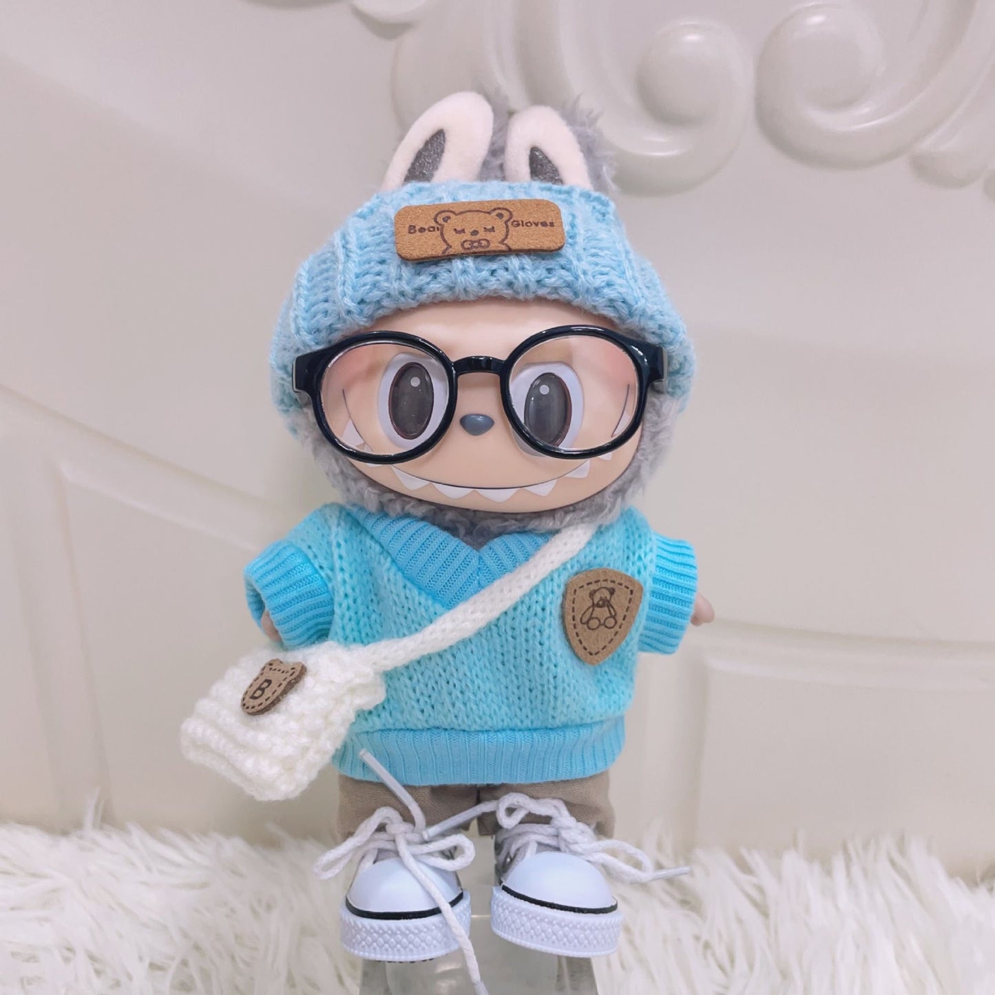 Labubu Doll Clothes: Blue Knitted Sweater Set