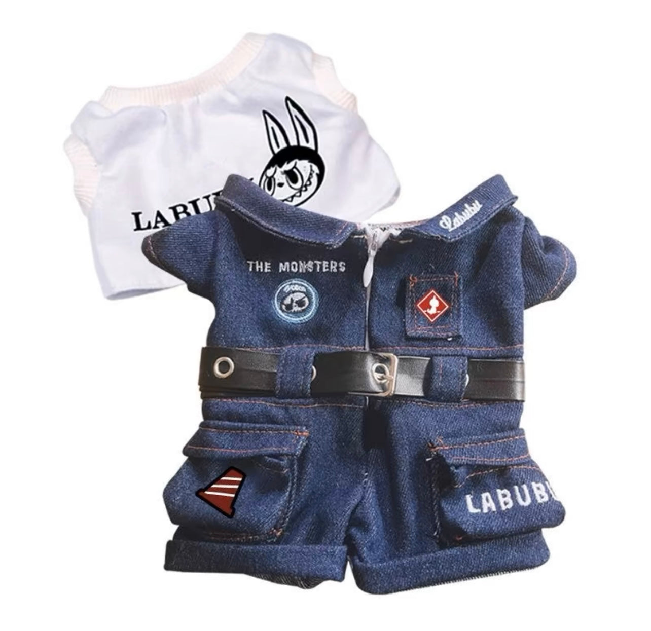 38cm Labubu Spring Outdoors Denim Overalls & Milan II Wing Plane Drawstring Bag