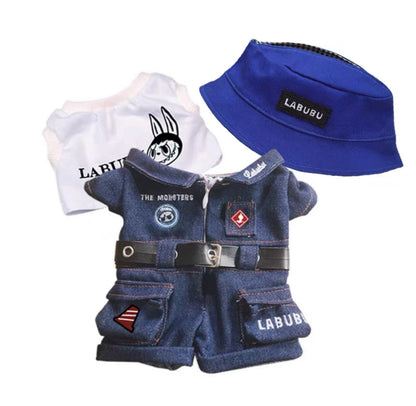 38cm Labubu Spring Outdoors Denim Overalls & Milan II Wing Plane Drawstring Bag