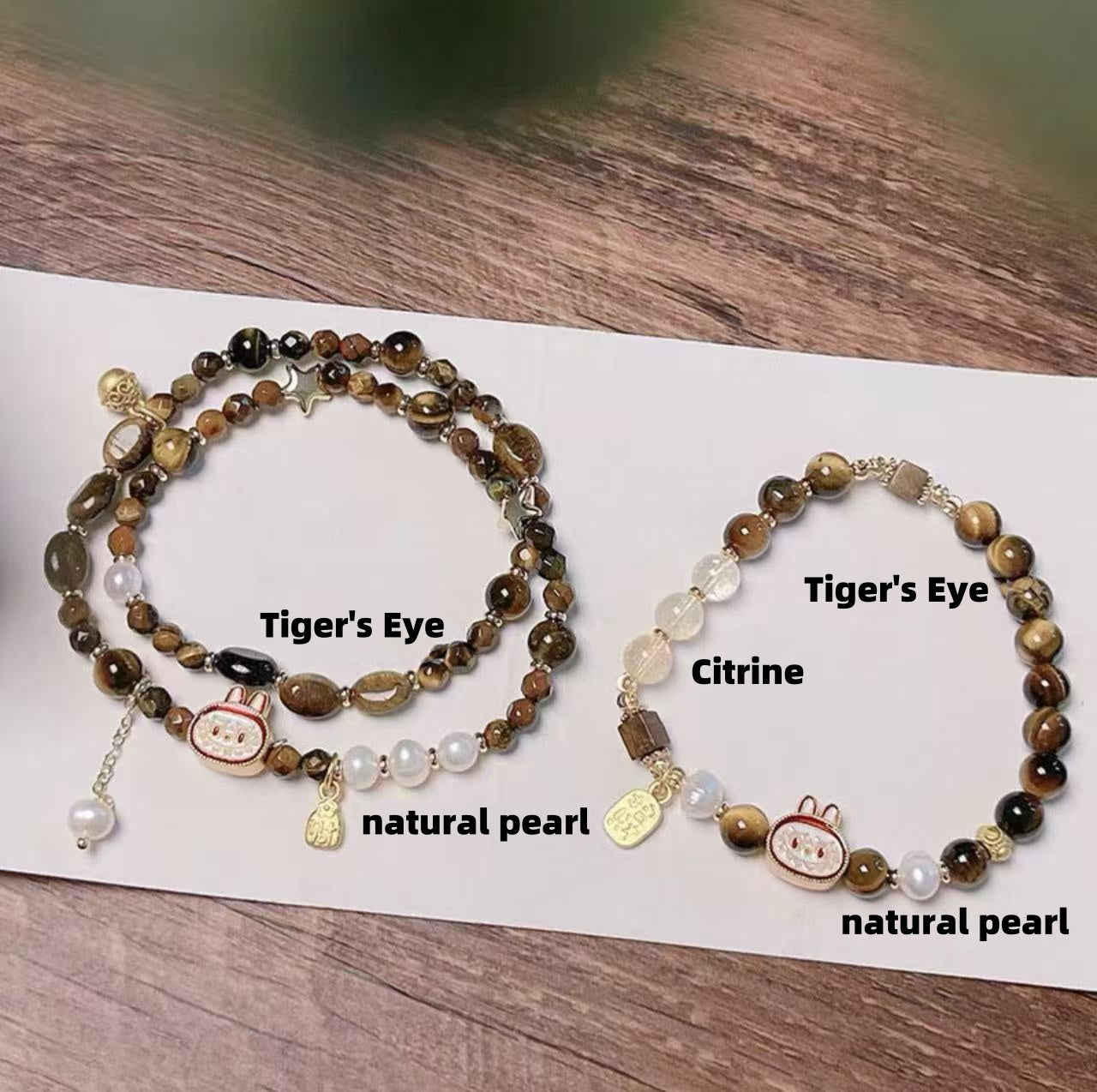 Natural Tiger's Eye Lucky Labubu Bracelet - Caramel Brown Single/Double Strand Luxury Fashion Jewelry