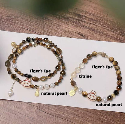 Natural Tiger's Eye Lucky Labubu Bracelet - Caramel Brown Single/Double Strand Luxury Fashion Jewelry
