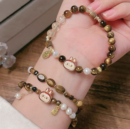 Natural Tiger's Eye Lucky Labubu Bracelet - Caramel Brown Single/Double Strand Luxury Fashion Jewelry