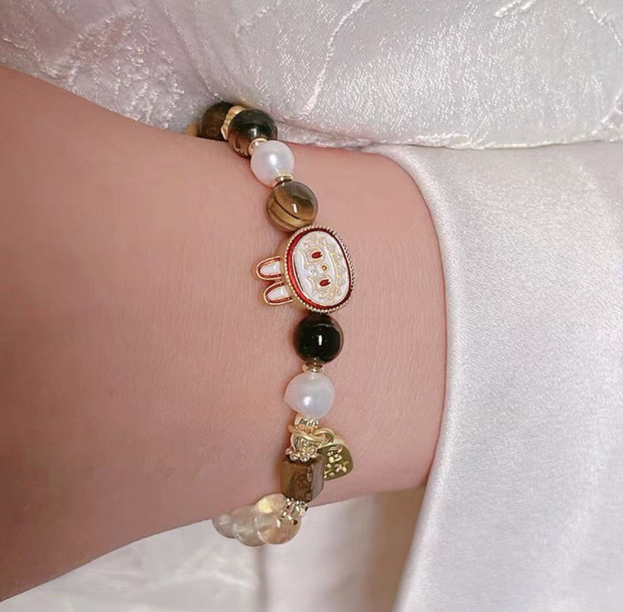Natural Tiger's Eye Lucky Labubu Bracelet - Caramel Brown Single/Double Strand Luxury Fashion Jewelry