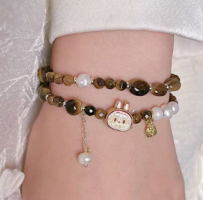 Natural Tiger's Eye Lucky Labubu Bracelet - Caramel Brown Single/Double Strand Luxury Fashion Jewelry
