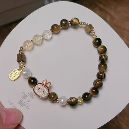 Natural Tiger's Eye Lucky Labubu Bracelet - Caramel Brown Single/Double Strand Luxury Fashion Jewelry
