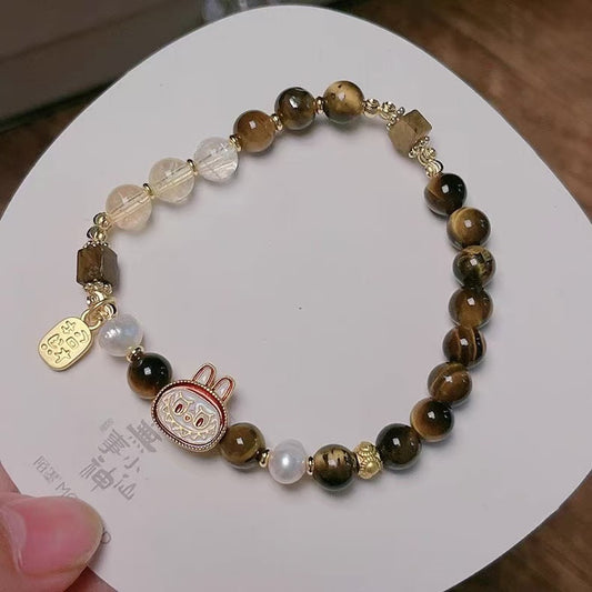 Natural Tiger's Eye Lucky Labubu Bracelet - Caramel Brown Single/Double Strand Luxury Fashion Jewelry