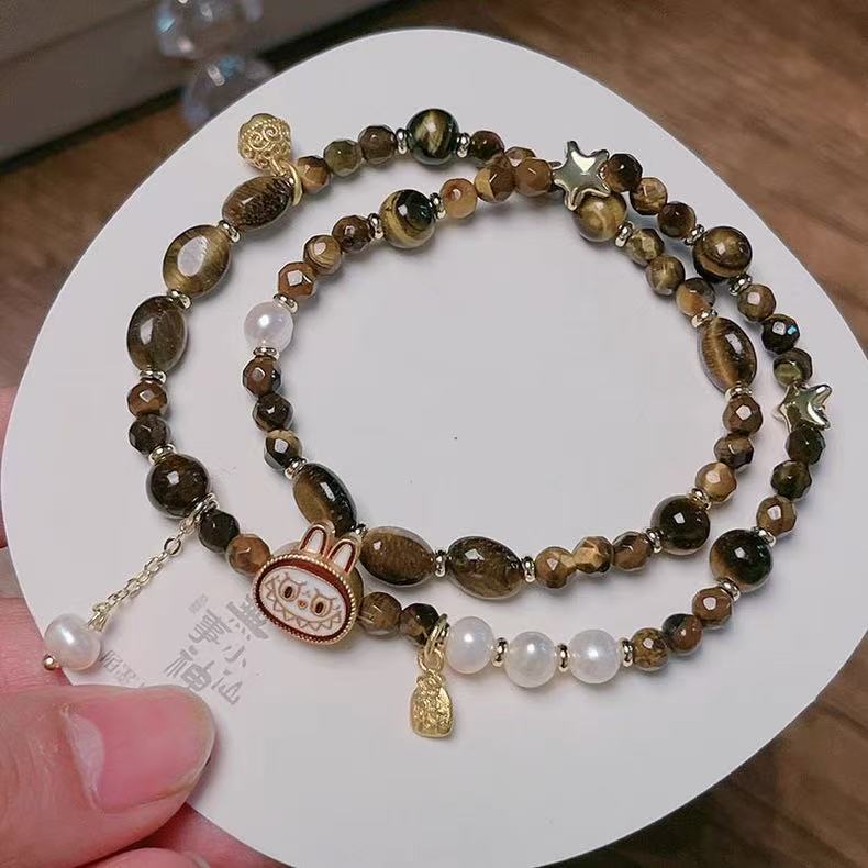 Natural Tiger's Eye Lucky Labubu Bracelet - Caramel Brown Single/Double Strand Luxury Fashion Jewelry