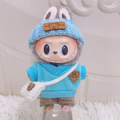 Labubu Doll Clothes: Blue Knitted Sweater Set