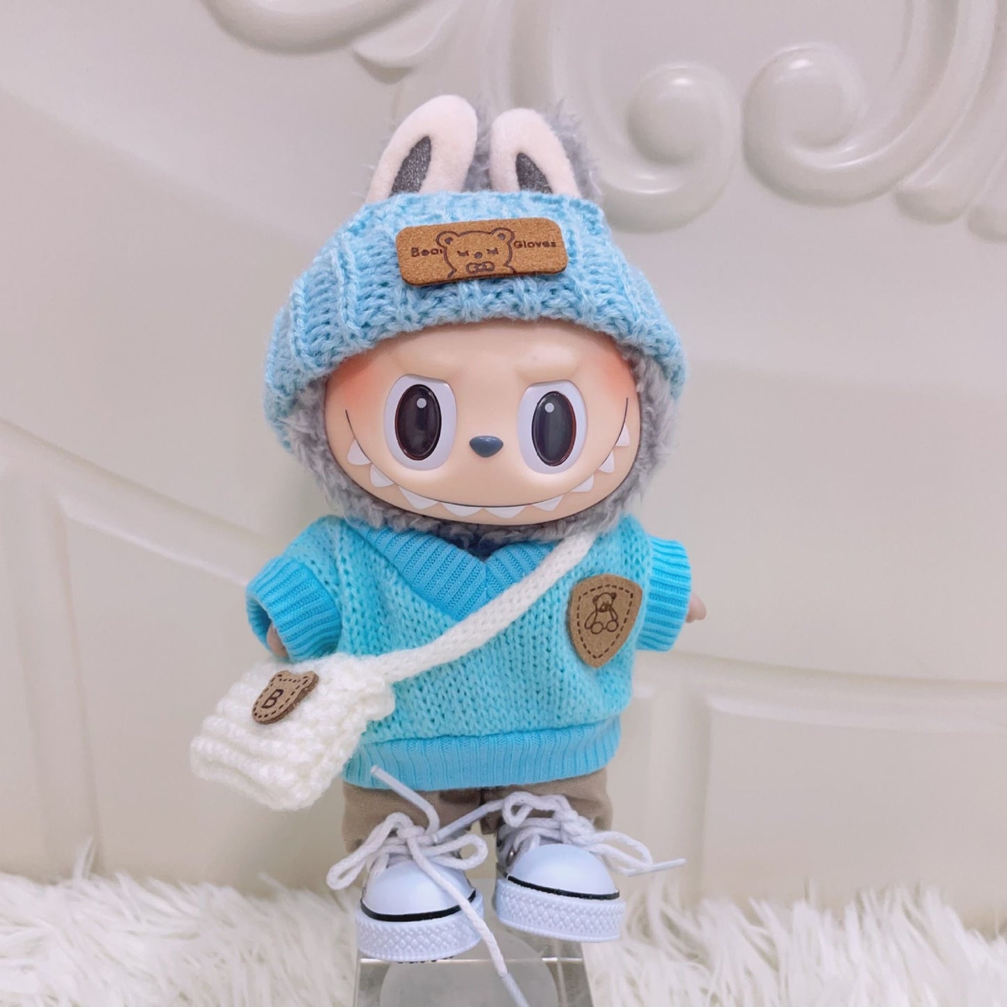 Labubu Doll Clothes: Blue Knitted Sweater Set